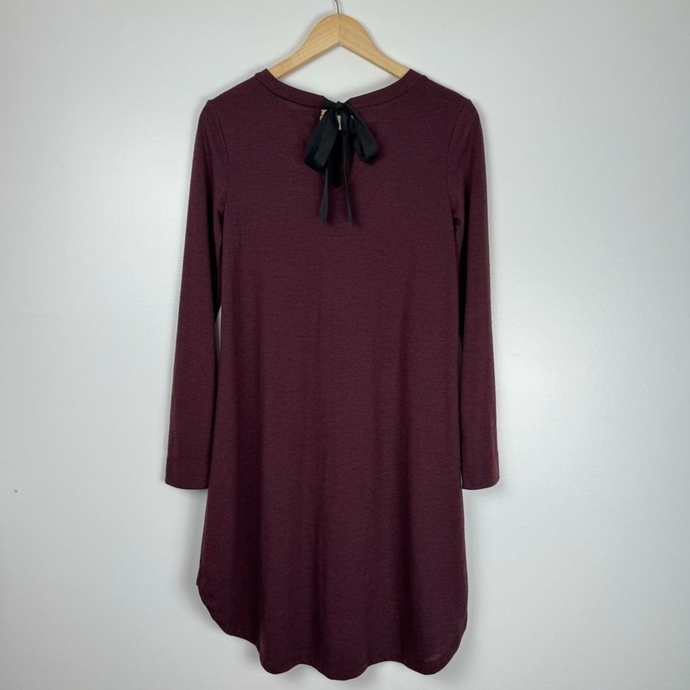 LOFT Tunic Shirtdress Womens S Maroon Burgundy Jersey Knit Tie Neck Office - Picture 3 of 12